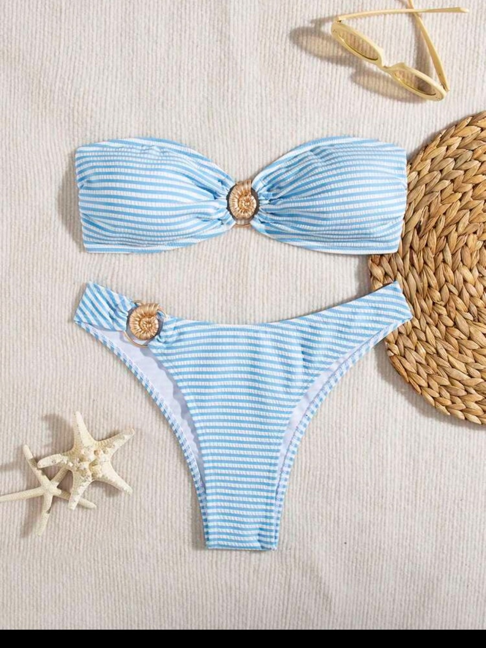 Striped Light Blue Bandeau Bikini Set with Rope Rings